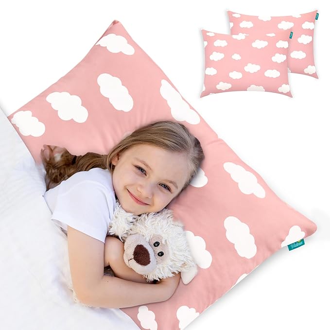 Toddler Pillow for Sleeping, Kid Pillow 14" x 19" for Small Travel Bed, Nap Pillows, Soft & Skin-Friendly Small Pillows for Sleeping, Toddler Use Only, Age 2 to 5 (Pink Cloud)