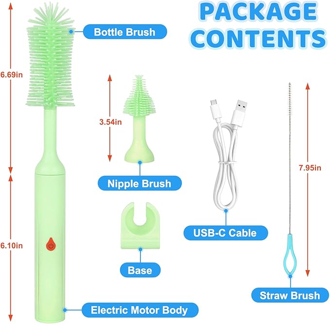 ULTRAFIRE Electric Bottle Brush, Baby Bottle Cleaner with Silicone Brush, Waterproof, 2 Modes & 360 Rotation, Green