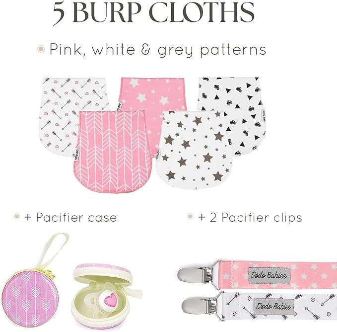 Dodo Babies 5-Pack Baby Burp Cloths - Soft & Absorbent Baby Spitup Cloths - Contoured Shape for Infant Essentials - Includes Pacifier Clips & Pacifier Case - 19 x 9 in, 2 Clips & Case, Pink/White/Grey