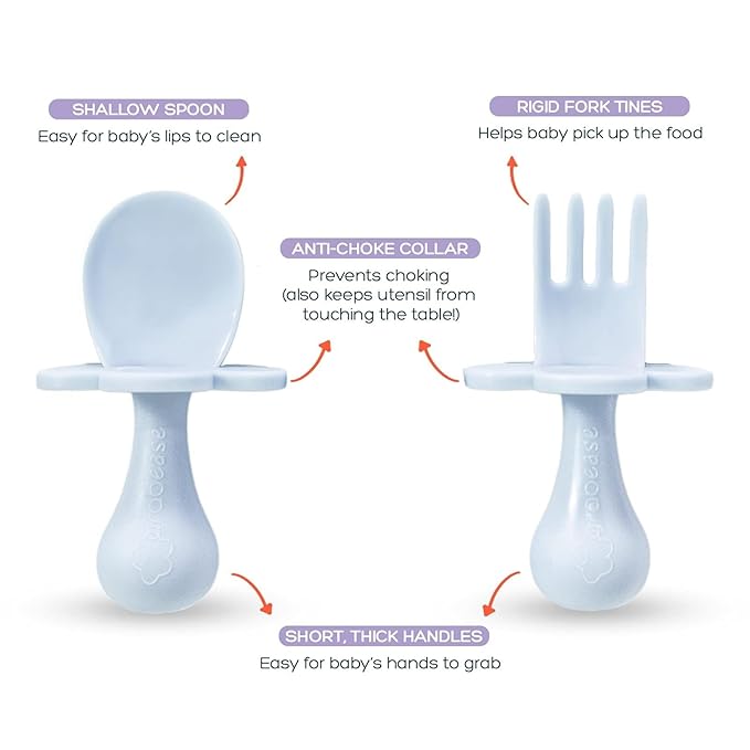 Grabease Baby Spoon & Fork Set with Case - Ergonomic Baby Utensils for Tiny Hands - Short Spoons for Self-Feeding - Training Fork for Toddlers - Ice Blue, Pack of 1
