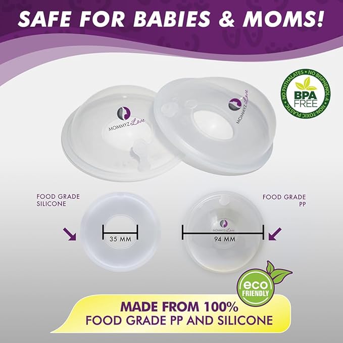 Mommyz Love Breast Shells & Milk Catcher for Breastfeeding New Model with Plugs - Breast Milk Catcher to Relieve Cracked Sore & Engorged Nipples - Breast Shells Milk Collector for Leaking Milk 4 Pack