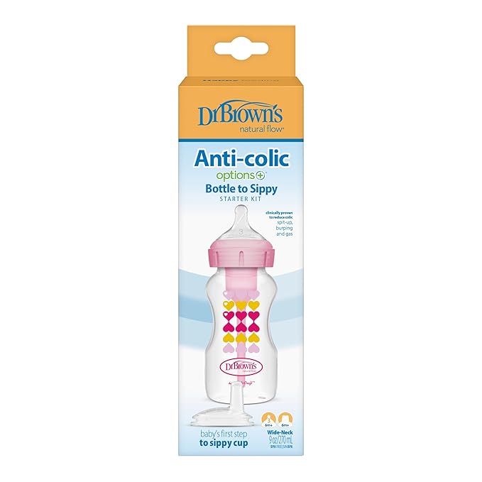 Dr. Brown's Anti-Colic Options+ Wide-Neck Sippy Bottle Starter Kit, 9oz/270mL, with Level 3 Medium-Fast Flow Nipple and Soft 100% Silicone Sippy Spout, Pink, BPA Free, 6m+