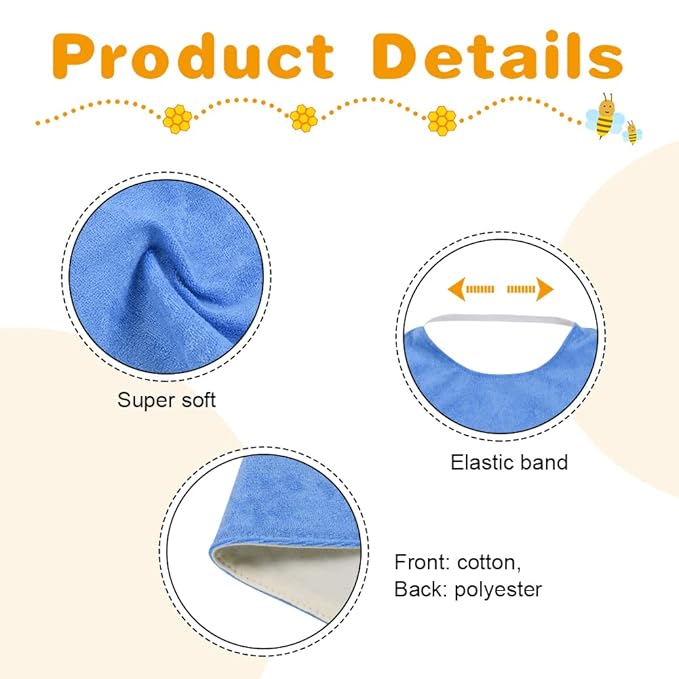 Vicloon Baby Bibs, 5PCS Terry Bib Set, Baby Bibs for Boys, Girls, Terry Drool Cotton Bibs Waterproof protection, Adjustable Elastic Strap, Baby Bandana Drool Bibs for Feeding, Teething Drooling(BULE)