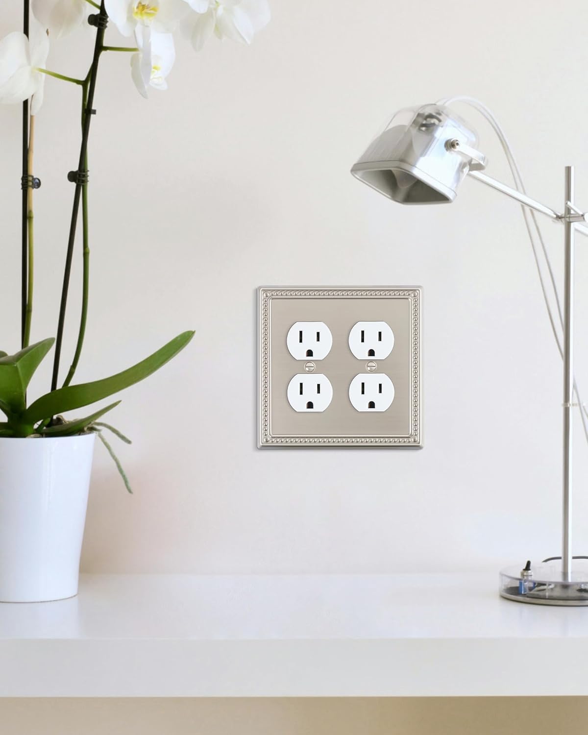 2-Pack Double Duplex Outlet Cover, Brushed Nickel Metal Switch Plates and Outlet Covers, Pearls Decorative Wall Plates for Electrical Outlets, 2 Gang Receptacle Cover, Corrosion Resistant