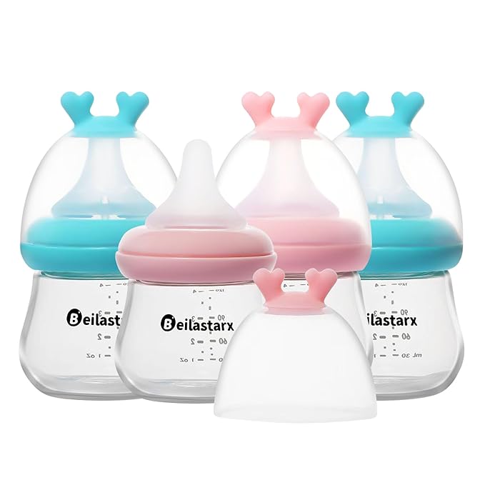 Glass Baby Bottles with Natural Response Nipple Size SS - Anti Colic Baby Bottles Wide Neck Slow Flow Baby Bottle (Multicolor, 4oz (Pack of 4))