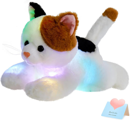 Glow Guards Light up Calico Cat Stuffed Animal LED Soft Kitty Plush Toy Pillow with Night Lights Lullaby Birthday Children's Day Gifts for Toddler Kids, 15''