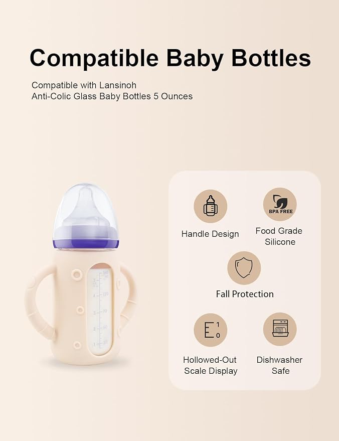 ZCH 4-Pack Silicone Sleeves for Lansinoh Glass Bottles, BPA-Free Drop-Resistant Baby Bottle Sleeves with Handles, Compatible with Lansinoh Anti-Colic Glass Baby Bottles (5 oz)
