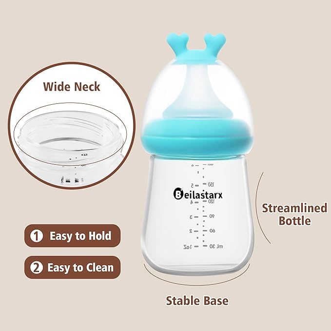 Glass Baby Bottles with Natural Response Nipple Size S - Anti Colic Baby Bottles Wide Neck Slow Flow Baby Bottle (Blue, 6oz (Pack of 4))