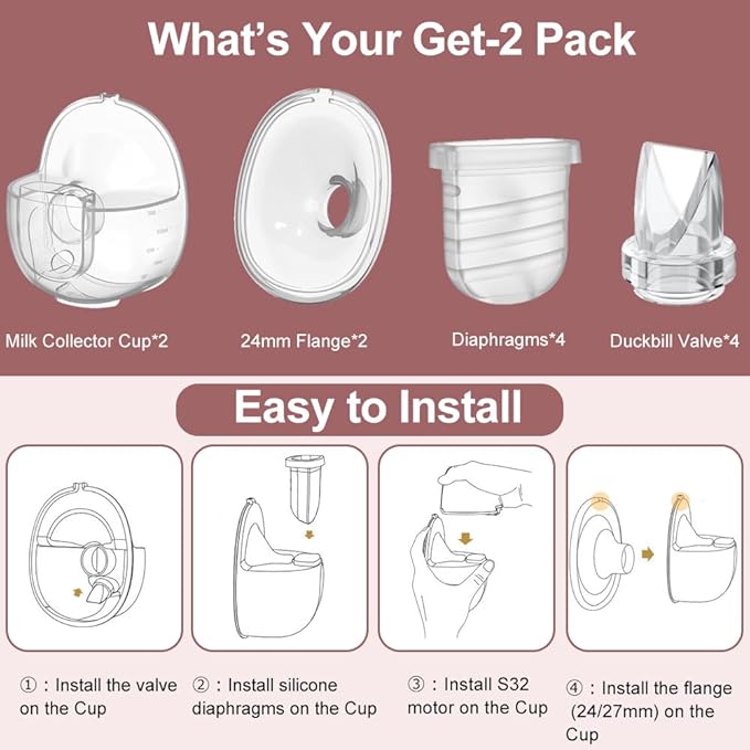 Two Full Sets Breast Pump Parts with 24mm Flange Compatible with Lansinoh Discreet Duo/NCVI/Nuliie/NICEGREEN Life/Zooawa S32 Breast Pump Replacement Parts,S32 Pump Parts,Extra Duckbill Valve&Diaphragm