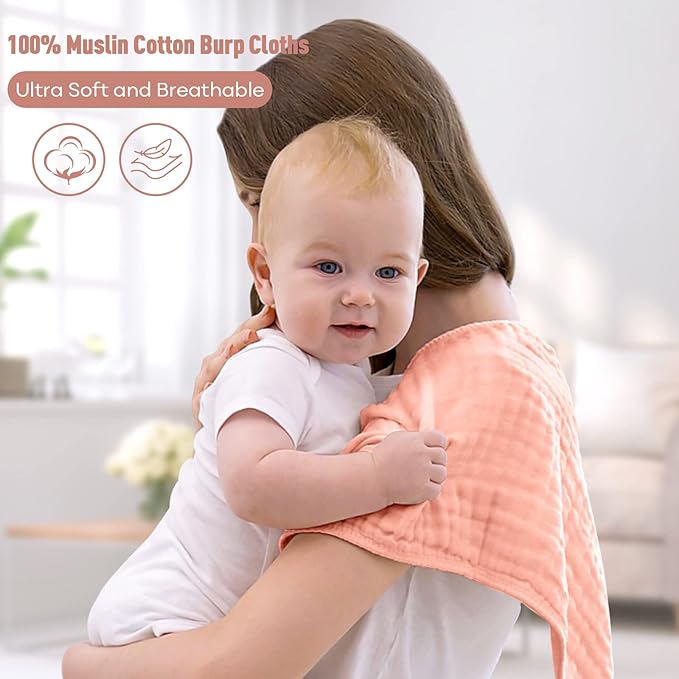 Yoofoss Muslin Burp Cloths for Baby 10 Pack 100% Organic Cotton Baby Washcloths for Boys Girls Large 20''X10'' Super Soft and Absorbent Blush