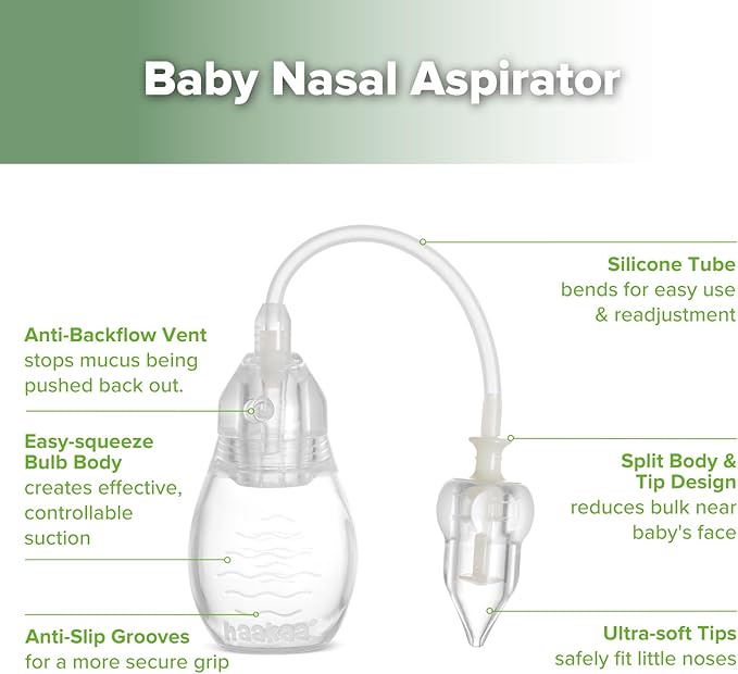 haakaa Swan Neck Nasal Aspirator for Baby | Baby Nose Sucker Bulb Syringe with Anti-Backflow Valve | Easy-Squeeze Filter-Free Soft Silicone Nose Cleaner – BPA Free, 12m+