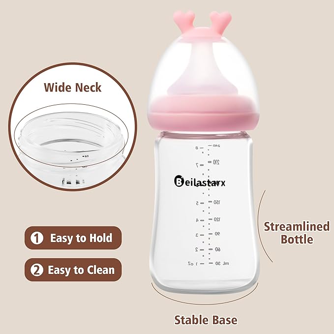 Glass Baby Bottles with Natural Response Nipple Size M - Anti Colic Baby Bottles Wide Neck Slow Flow Baby Bottle(Multicolor, 8oz (Pack of 4))