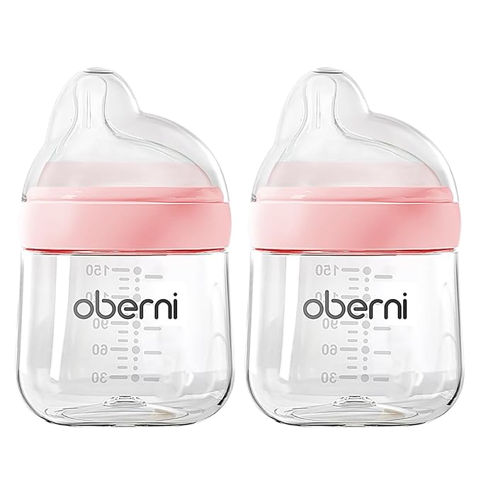 Baby Bottles with Slow Off-Centered Nipple for 0+ Months, Anti Colic Newborn Milk Feeding Bottle, 150ml/5oz/Pink/2Pack