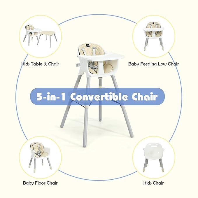 BABY JOY High Chair, 5 in 1 Convertible Highchair for Babies & Toddlers | Booster Seat | Table and Chair Set | Infant Feeding Chair with Removable Tray, Safety Harness, Removable Cushion (Beige)