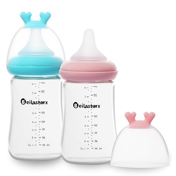Glass Baby Bottles with Natural Response Nipple Size M - Anti Colic Baby Bottles Wide Neck Slow Flow Baby Bottle (Multicolor, 8oz (Pack of 2))