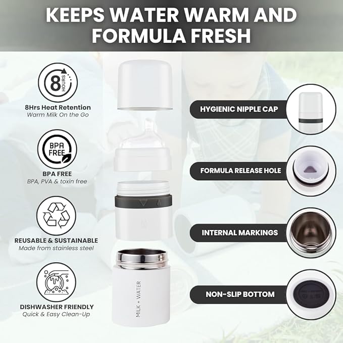 MILK & WATER All in One Baby Bottle & Baby Formula Dispenser On The Go, 5oz - Keeps Water Warm & Formula Fresh - Baby Formula Mixing Bottle with Anti Colic Nipple - Leak-Proof - 3+ Months (White)
