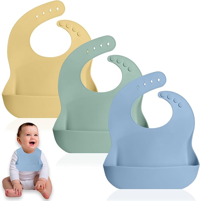Bluet B - Set of 3 Waterproof Silicone Baby Bibs - BPA Free Silicone Baby Bib - Flexible and Soft