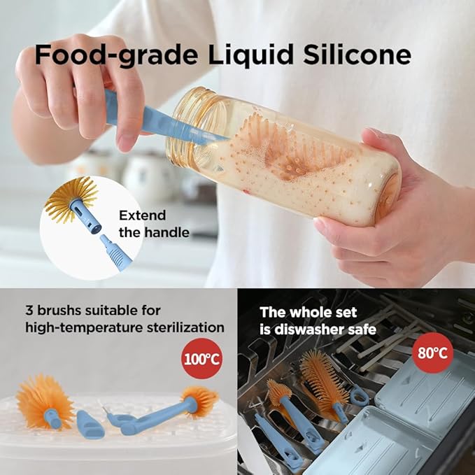 YOTIME Travel Bottle Brush, Travel Bottle Cleaner Kit with Foldable Bottle Drying Rack, for Visit Friends and Relations, Baby Travel Essentials, BPA Free, Blue