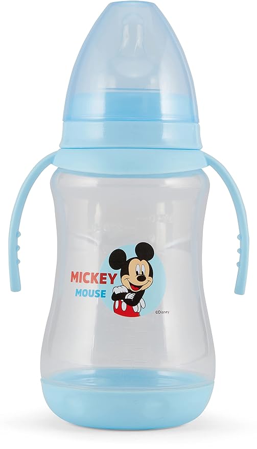 Disney 2 Pack 10 Ounce Baby Bottles with Character Prints and Colored Covers with Double Handle - BPA Free and Easy to Clean