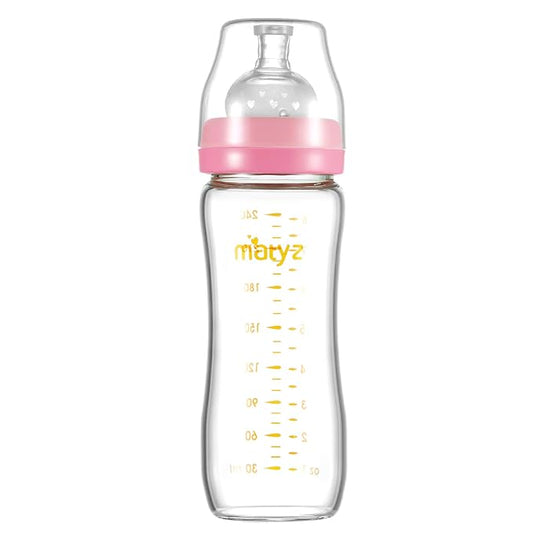 Matyz 8 Ounce Glass Baby Feeding Bottle With Nipple - Light and Slim, Easy to Hold and Clean - Food Grade Borosilicate Glass, Wide Neck for Breastmilk Feeding, No BPA (Pink Lids)