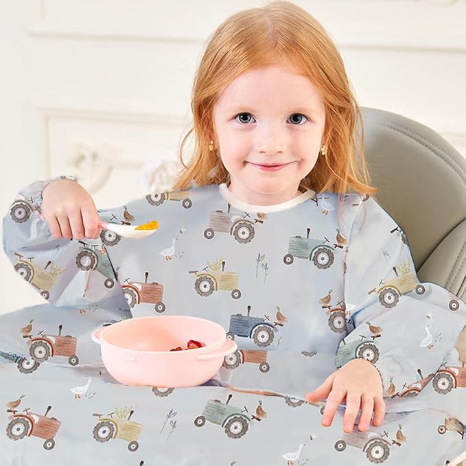 2-Pack Long Sleeve Baby Bib,Coverall Baby Bibs for Eating,Waterproof,Attaches to Highchair&Table,Ages 1 to 3 Years