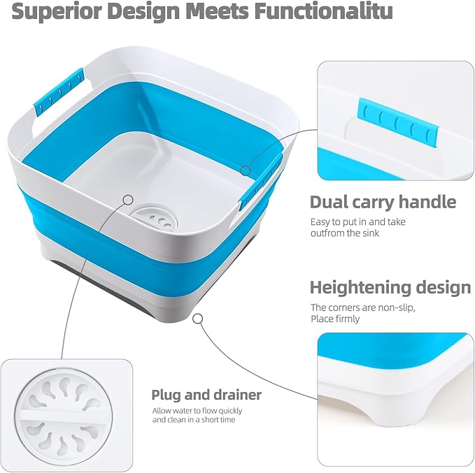 Collapsible Wash Basin for Baby Bottles - 2.4 Gallons Portable Wash Bin for RV Camping Sink, Space-Saving Dish Tub.Laundry & Utility Room Sinks (Blue)