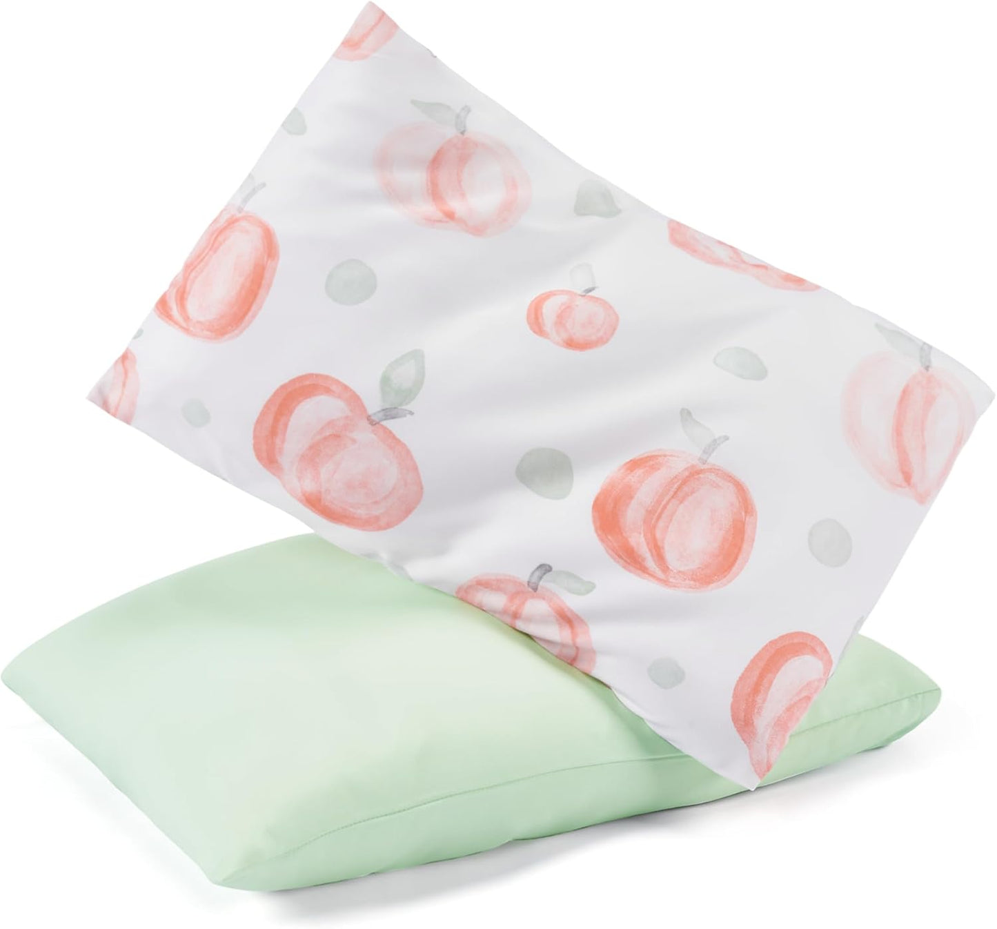 TILLYOU Toddler Pillowcases 13 x 18 Travel Pillow Case 2 Pack, Kids Pillowcases Machine Washable with Envelope Closure, Peach dot & Light Green