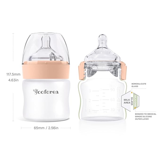 Yooforea Silicone Coated Glass Baby Bottle, 0M+ Slow Flow Nipple I Anti-Colic, Wide Neck, Stable Base I Medical-Grade Silicone Coating for Shatter Protection, BPA BPS PVC Free (2 Pack, 3 Ounce-Honey)