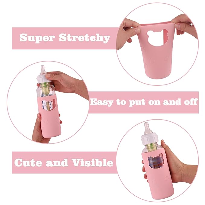 4 Pack Silicone Sleeves for Dr Brown's Glass Baby Bottles, Anti Breakage Baby Bottle Holder, Compatible Dr. Brown's Natural Narrow Glass Baby Bottles 8 oz, BPA Free (White+Pink+Purple+Orange)