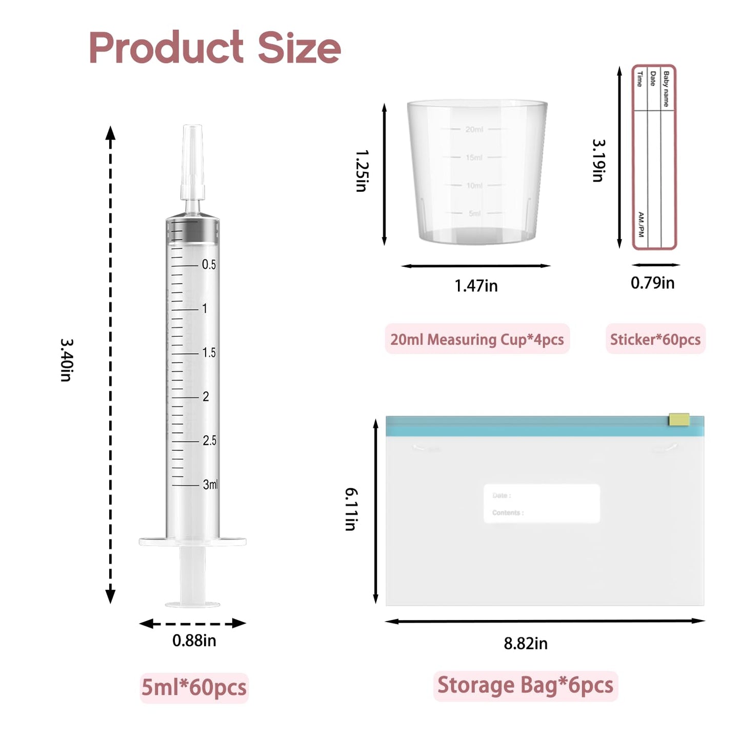 60 Sets 3Ml Colostrum Collector Kit Include 60 3ml No Needle Sterile Syringes with Cap, 4 Measuring Cup, 6 Zip-lock Storage Bags, 60 Labels for Breast Milk Collector