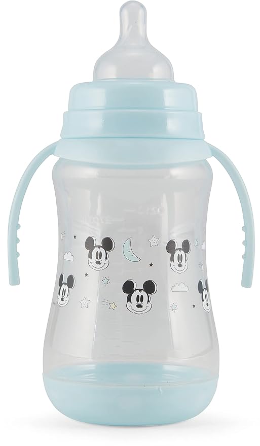 Disney 2 Pack 10 Ounce Baby Bottles with Character Prints and Colored Covers with Double Handle - BPA Free and Easy to Clean