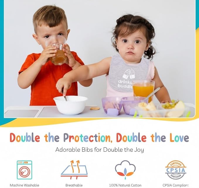 100% Cotton Drinking Buddies Twin Bibs Cute & Practical Unisex Bibs for Twins with Waterproof, Durable, for Everyday Use