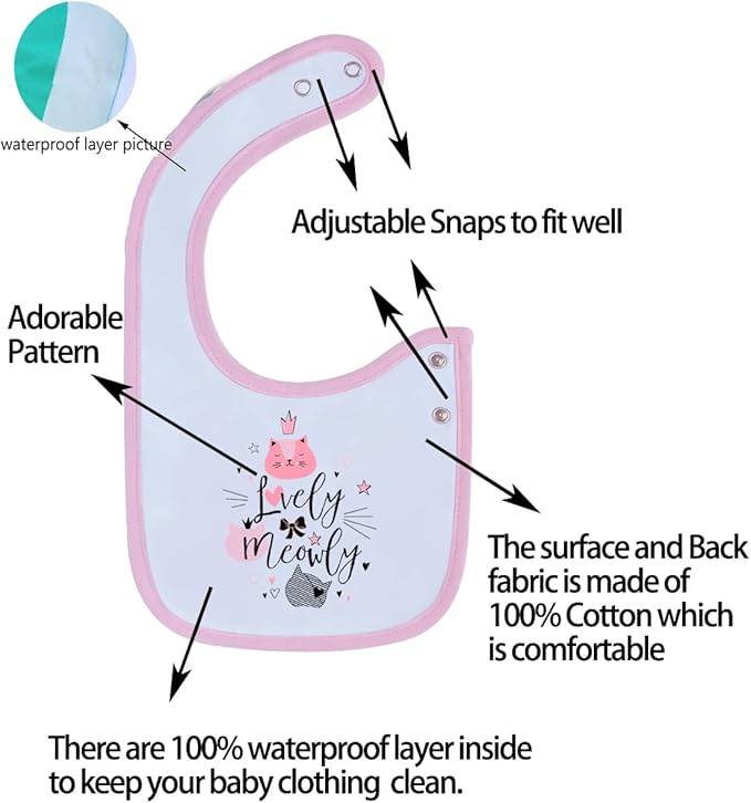 Maiwa 6 Pack Waterproof Cotton Baby Bibs for Girls Boys for Drooling Eating with Snaps