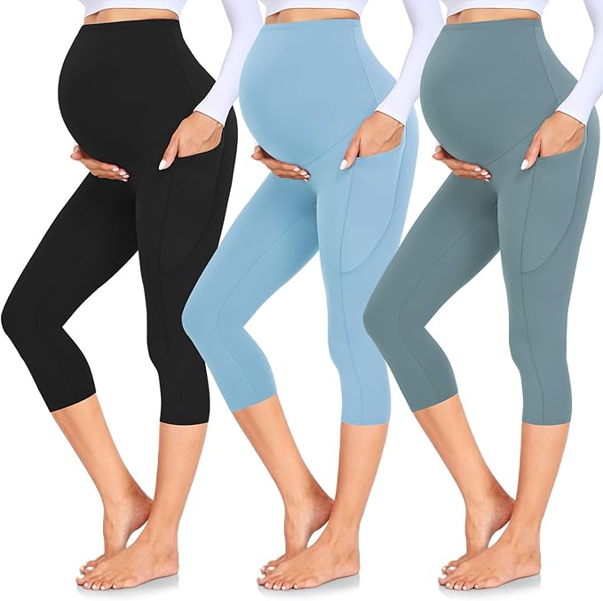 GROTEEN 3 Pack Women's Maternity Leggings with Pockets Over The Belly Workout Yoga Pregnancy Pants
