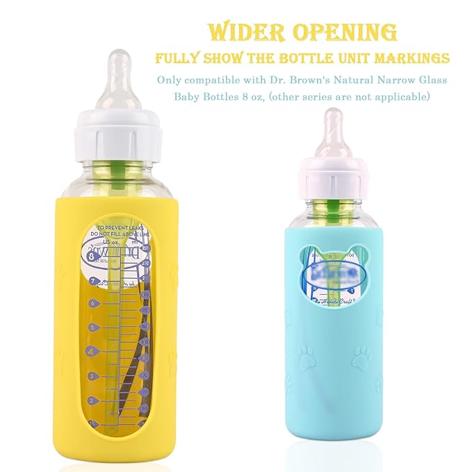4 Pack Silicone Sleeves for Dr Brown's Glass Baby Bottles, Anti Breakage Baby Bottle Holder, Compatible Dr. Brown's Natural Narrow Glass Baby Bottles 8 oz, BPA Free (White+Blue+Green+Yellow)