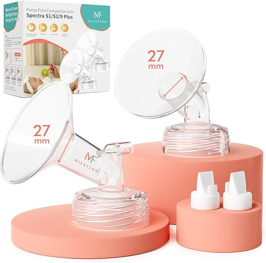 BPA-Free Breast Pump Replacement Parts: 2 Piece 27MM Flange & Valve Kit Compatible with Spectra S1/S2/9 Plus (Not Original Spectra Accessories)
