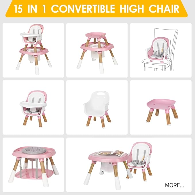 Baby High Chair, 15 in 1 Convertible High Chairs for Babies and Toddlers, Easy Clean High Chair for Baby, Babies Feeding Chair for 6-72 Months(Pink)