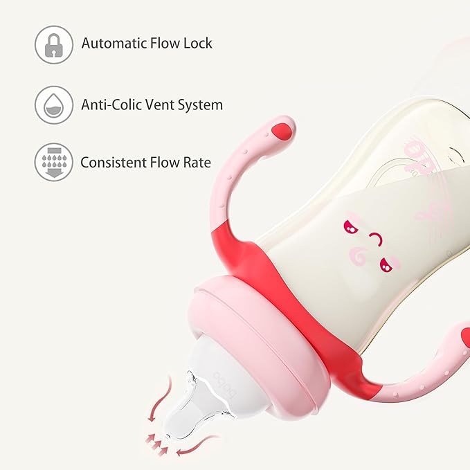 YOHKOH Natural PPSU Baby Bottle with Natural Response Nipple, Newborn Anti-Colic Baby Bottles with Handle, Wide Neck Mushroom Cap Baby Bottle (8.8oz (Pack of 2), Red1)