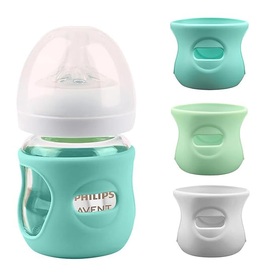 Silicone Sleeves for Avent Glass Natural Baby Bottle,3 Pack Bottles Shatter Proof Bottle Covers,Anti Flow Holder Compatible Baby Bottle 4 oz, BPA Free (Grey+Blue+Green)