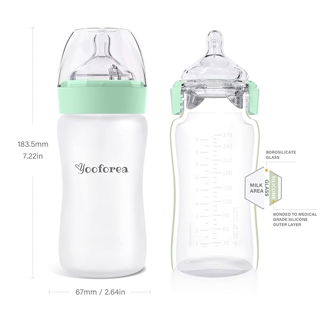 Yooforea Silicone Coated Glass Baby Bottle, 6M+ Fast Flow Nipple I Anti-Colic, Wide Neck, Stable Base I Medical-Grade Silicone Coating for Shatter Protection, BPA BPS PVC Free (9 Ounce-Tea)
