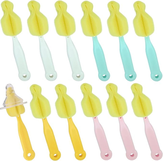 Sponge Bottle Brush 12 PCS Sponge Nipple Brushes Baby Bottle Nipple Cleaning Brush Long Handle Baby Milk Bottle Brush (12PCS)