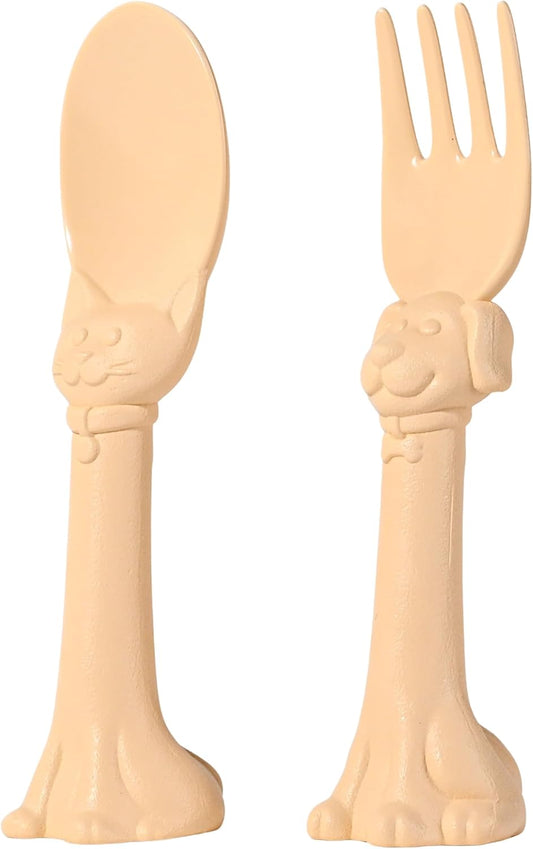 Made in USA Spoon la la Toddler Utensils Set - 2 Pack (1 Spoon & 1 Fork for Kids) - Self-Standing 3D Ergonomic Cat & Dog Handles - BPA-free, Dishwasher Safe, Baby Silverware (Yellow)