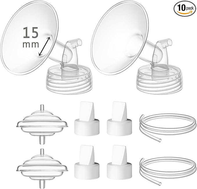 15 mm Flange Set Compatible with Spectra/Motif Luna Wide-Mouth Bottles, Breast Pump Parts Includes Breast Shield Tubing Valve Backflow Protector, Not Original Spectra Accessories