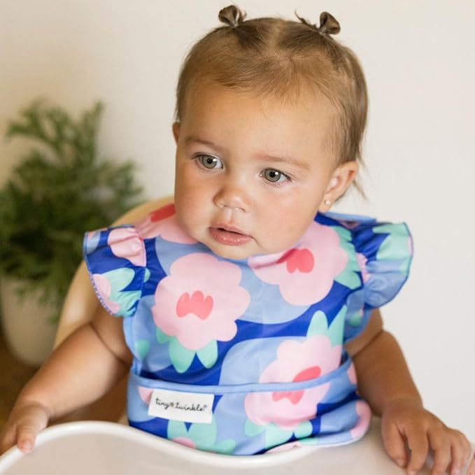 Tiny Twinkle Short Sleeve Apron Baby & Toddler Bib for Girls – Waterproof, Mess-Proof Bibs for Eating & Feeding, Machine Washable,Perfect Holiday Gift (Floral Blue, 6–24M)