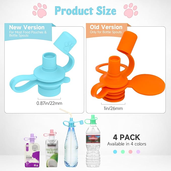 MORLIKE LIVING 2-in-1 Water Bottle Cap, 100% Silicone Topper for Food Pouch, No Spill Spout Adapter Turn Water Bottle into Sippy Cups, Protects Child’s Mouth, Travel Essentials (Mix/v2-4 Pack)
