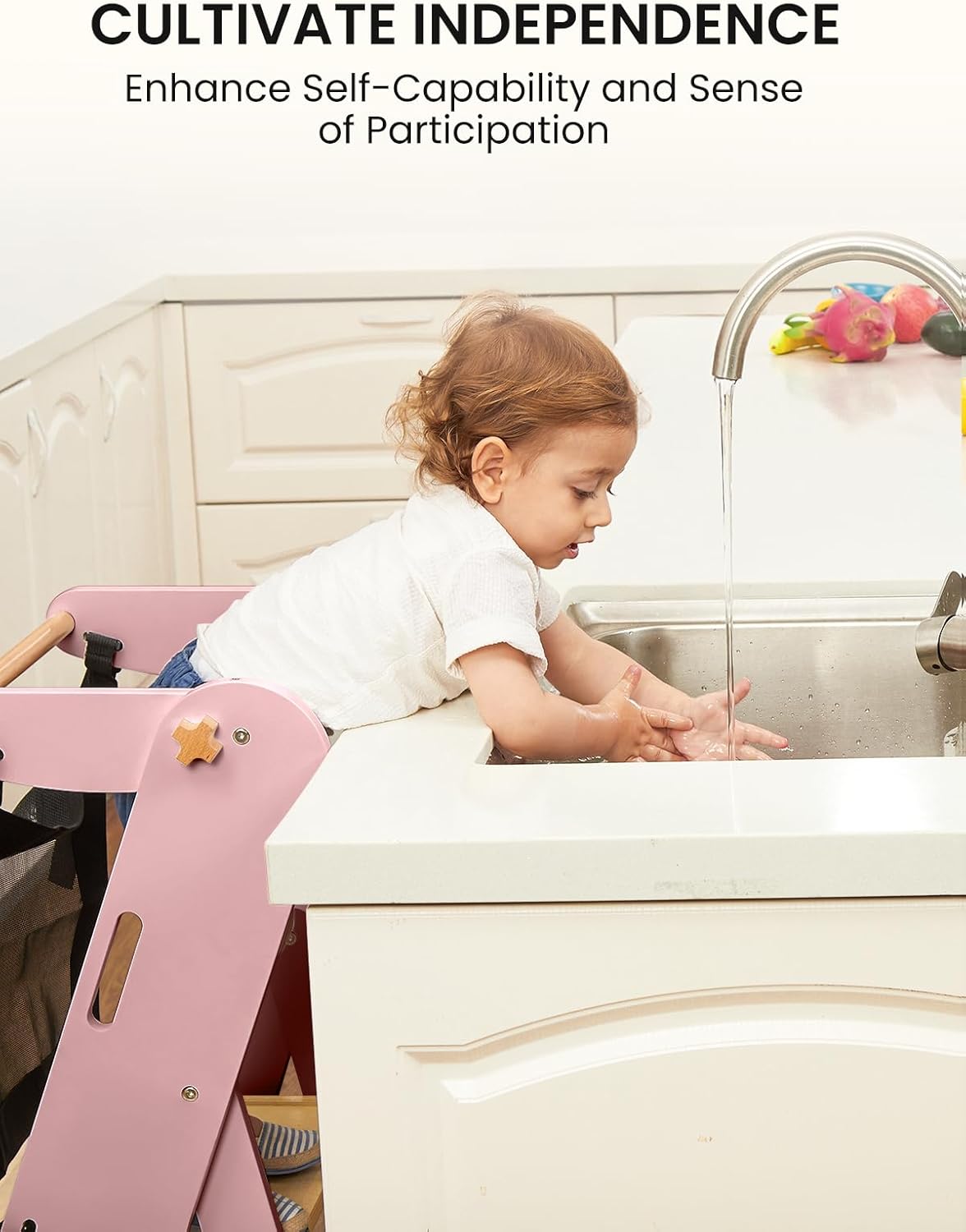 GROWNSY Foldable Step Stool Toddler Tower, Toddler Kitchen Stool Helper, Collapsible Kids Standing Learning Tower with 3 Adjustable Heights and Safety Net for Kitchen Bathroom Sink Counter (Pink)