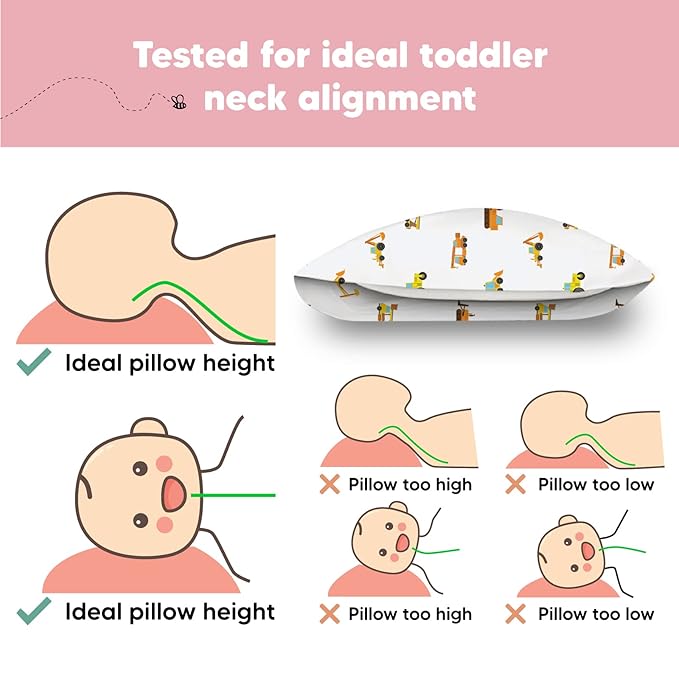 Toddler Pillow with Pillowcase - 13x18 My Little Dreamy Kids Travel Bed Pillows for Sleeping, Organic Cotton Small Pillowcase, Soft & Breathable, Machine Washable, Toddlers 2-5 years old(Construction)