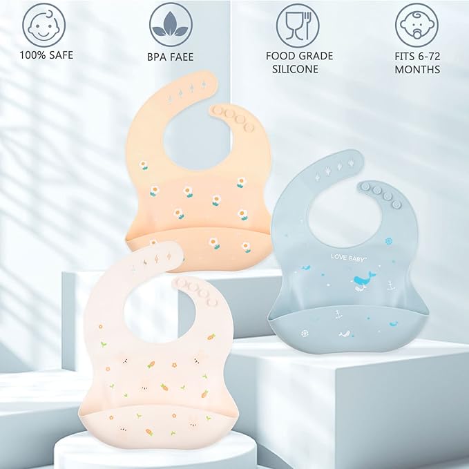 Baby Silicone Feeding Bibs, 3pcs Adjustable Waterproof Bibs for Feeding
