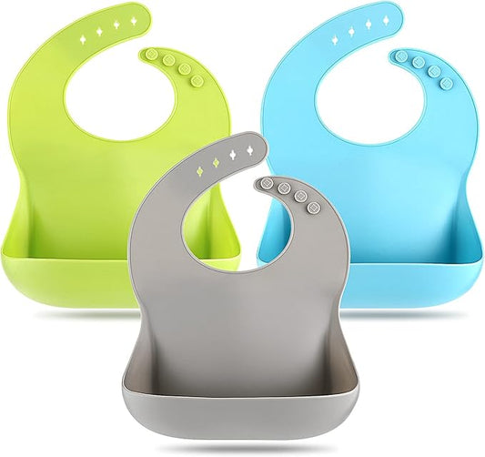 Silicone Bibs for Babies Toddler Set of 3, BPA Free, Soft Adjustable Waterproof Bibs for Feeding Essentials
