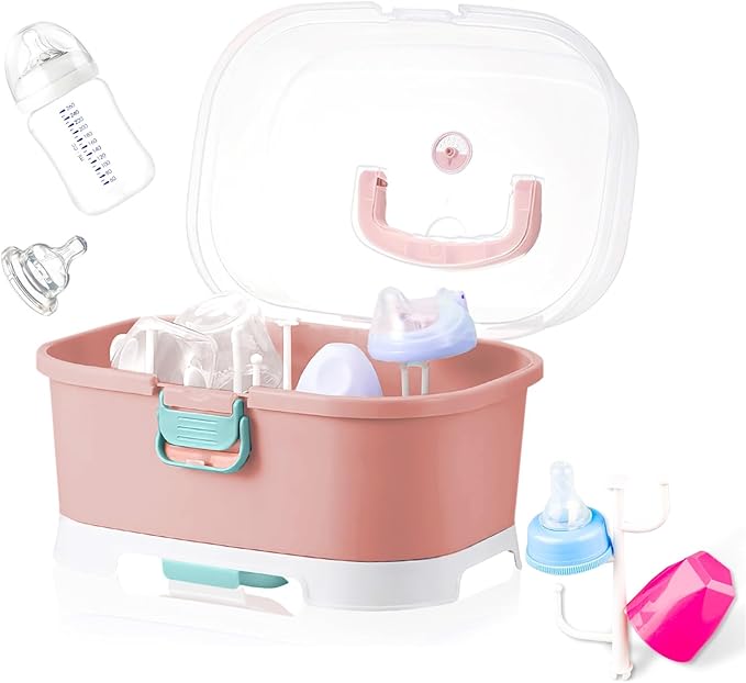 Baby Bottle Organizer for Storage, Baby Bottle Storage Large Capacity with Lid Cover Anti-Dust Protection and Cutlery Storage Drying Rack Portable Large Capacity Bottle Organizer(Pink)